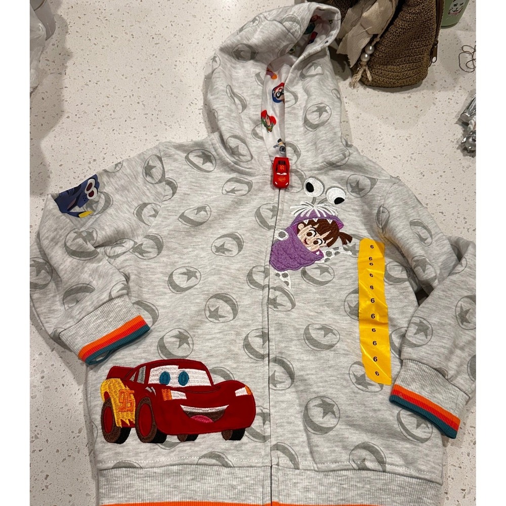 Disney 100 Pixar Boys Grey Zip Hoodie Lightning McQueen Boo Dory Size 6 NEW